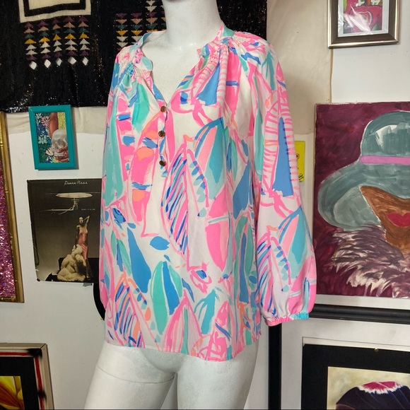 Lily Pulitzer Watercolor Print Silk Blouse - Picture 4 of 7